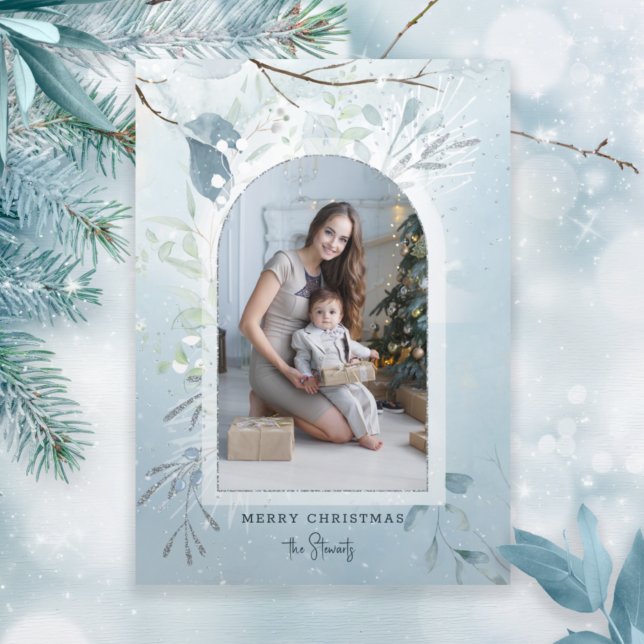 Modern Blue Sparkly Winter Botanical Arch Photo Tri-Fold Card (Creator Uploaded)
