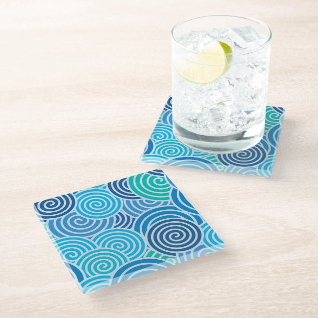 Modern Blue Spiral Pattern Glass Coaster (Angled)