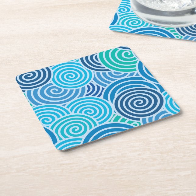 Modern Blue Spiral Pattern Square Paper Coaster (Angled)