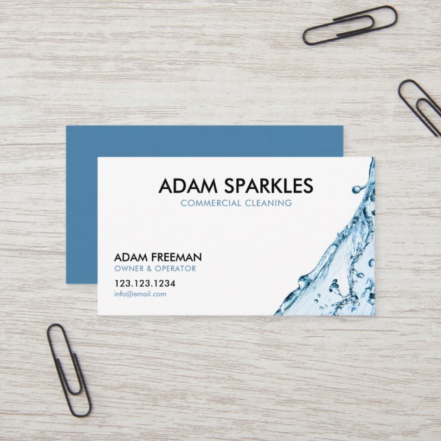 Modern Blue Splash Commercial Cleaning Business Card (Front/Back In Situ)