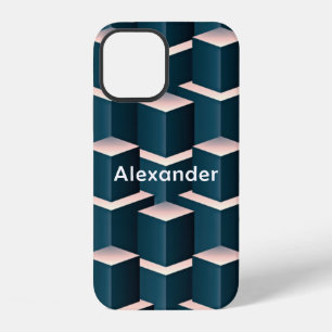 Modern Blue Square Geometric Pattern Personalise iPhone 12 Case