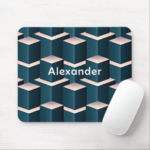 Modern Blue Square Geometric Pattern Personalise Mouse Pad