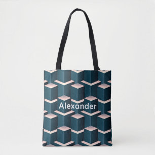 Modern Blue Square Geometric Pattern Personalise Tote Bag