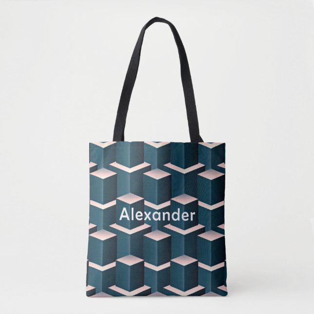 Modern Blue Square Geometric Pattern Personalise Tote Bag (Front)