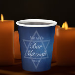 Modern Blue Star of David Formal Bar Mitzvah Party Paper Cups<br><div class="desc">Beautiful deep shades of dark blue create a texture like water on this formal Bar Mitzvah party cup. Elegant white minimalist script on party decor with your son's name on the subtle Star of David to celebrate his Jewish coming of age.</div>