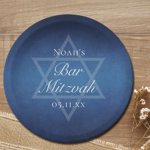 Modern Blue Star of David Formal Bar Mitzvah Party Paper Plate