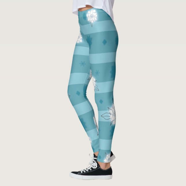 Modern Blue Stars And White Gardenia Leggings (Left)