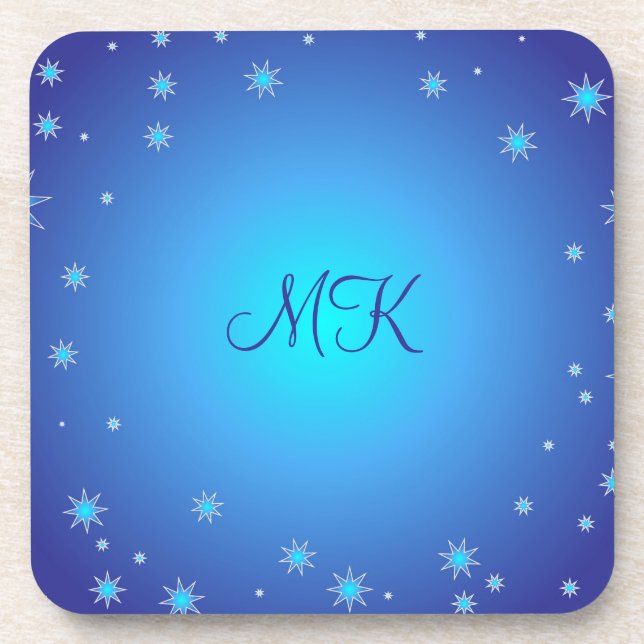 Modern Blue Stars Pattern Personalized Monogrammed Coaster (Front)