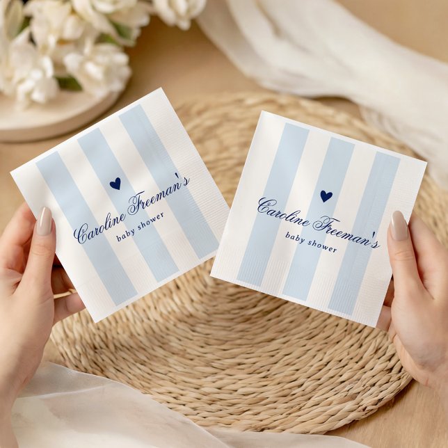 Modern Blue Stripe Heart Valentine Baby Shower Napkin (Creator Uploaded)