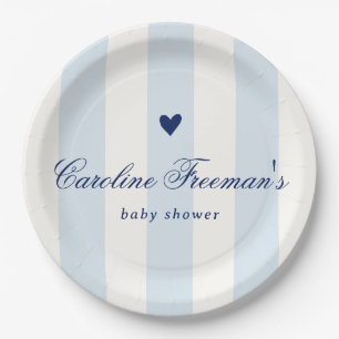 Modern Blue Stripe Heart Valentine Baby Shower Paper Plate