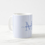 Modern Blue Stripe Monogram Name Coffee Mug<br><div class="desc">Start your morning in style with this personalised blue striped coffee mug, designed to bring timeless charm to every sip. Featuring a soft blue and white striped background, this elegant mug is customised with your monogram initial and full name in a graceful script font—creating a feminine, refined look that feels...</div>