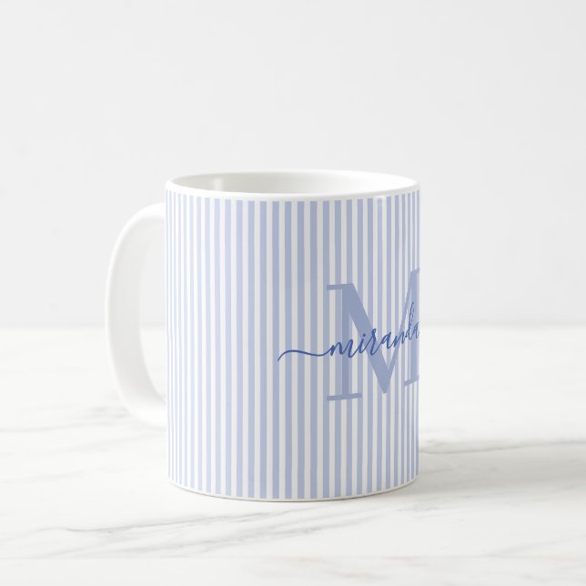 Modern Blue Stripe Monogram Name Coffee Mug (Front Left)