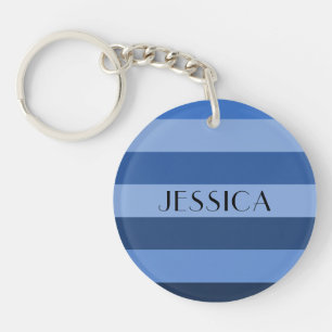 Modern Blue Striped Name Key Ring