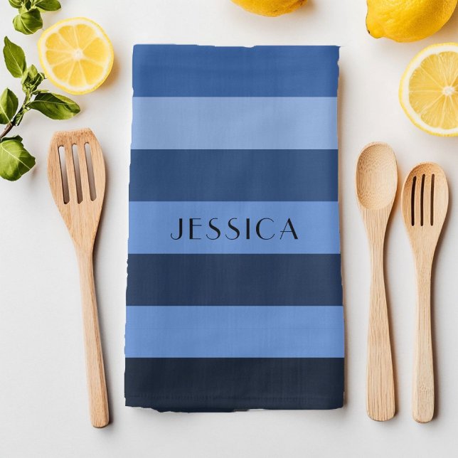Modern Blue Striped Pattern Name Tea Towel (Modern Blue Striped Pattern Name Kitchen Towel)