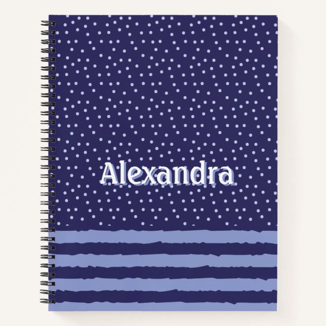 Modern Blue Stripes And Dots Personalised Notebook (Front)
