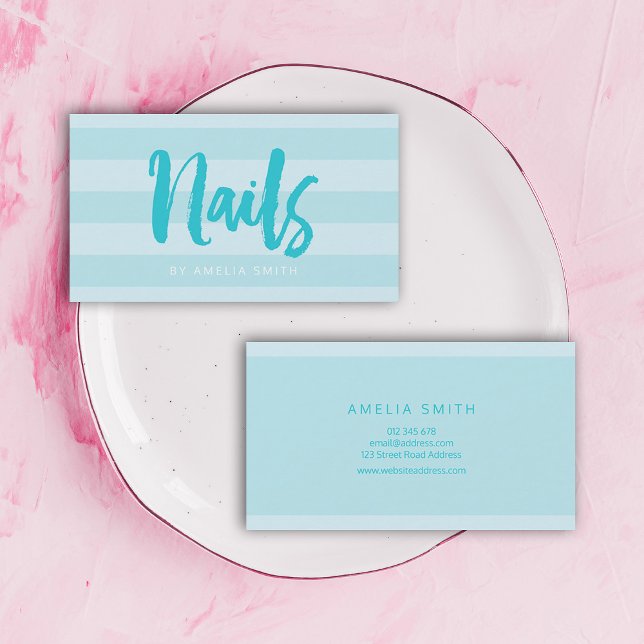 Modern Blue Stripes Brush Script Nails Business Card (Creator Uploaded)