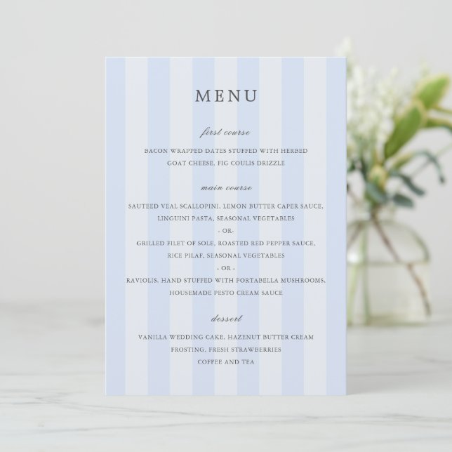 Modern Blue Stripes Elegant Wedding Menu (Standing Front)