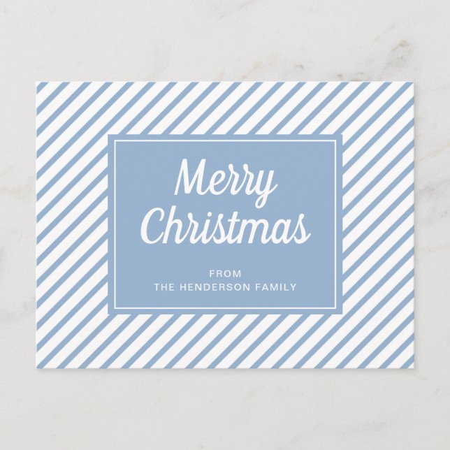 Modern Blue Stripes Merry Christmas Postcard (Front)