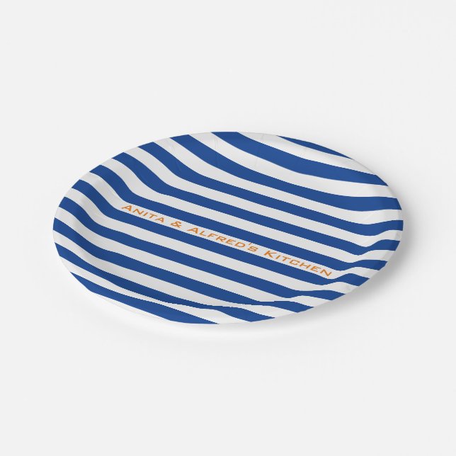 Modern Blue Stripes on any Colour with Custom Text Paper Plate (Angled)