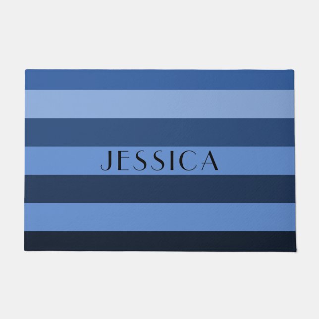Modern Blue Stripes Pattern Custom Name Doormat (Front)
