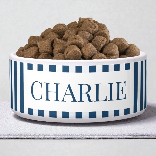 Modern Blue Stripes Pattern Minimal Dog Name Pet (Modern Blue Stripes Pattern Minimal Dog Name Pet Bowl)