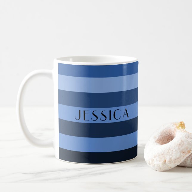 Modern Blue Stripes Pattern Name Coffee Mug (With Donut)