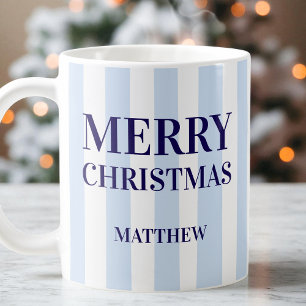 Modern Blue Stripes Personalised Merry Christmas Coffee Mug