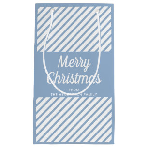 Modern Blue Stripes Script Merry Christmas Small Gift Bag