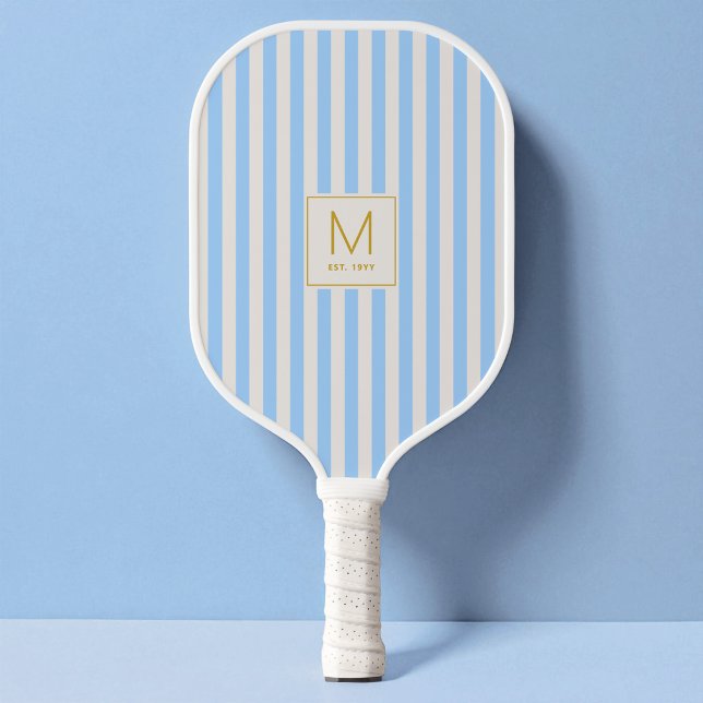 Modern Blue Stripes Simple Gold Initial Monogram Pickleball Paddle (Modern Blue Stripes Simple Gold Initial Monogram Pickleball Paddle)