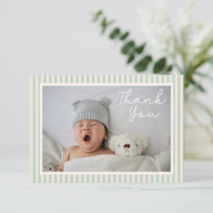 Modern Blue Stripes Two Photo Baby Shower Message Thank You Card
