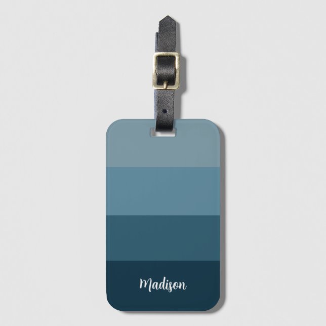 Modern Blue Stripes With Script Name  Luggage Tag (Front Vertical)