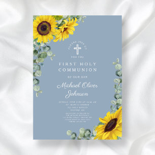 Modern Blue Sunflowers First Holy Communion  Invitation