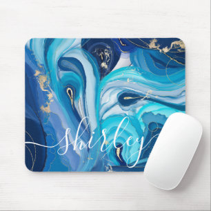 Modern Blue Swirl Agate Iridescent Custom Name  Mouse Pad