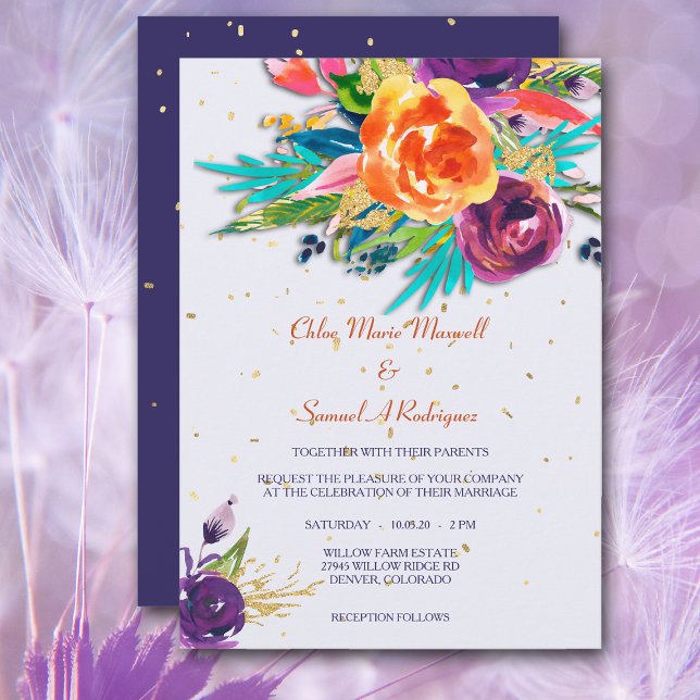 Modern Blue Tangerine Floral Wedding Invitation (Creator Uploaded)