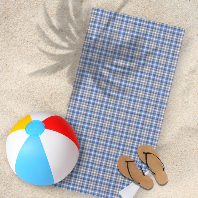 Modern Blue Taupe Tartan Plaid Beach Towel (Creator Uploaded)