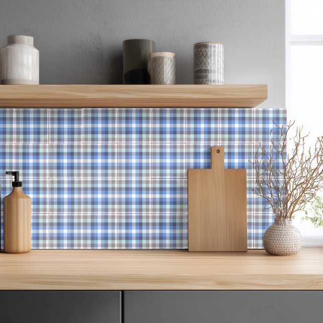 Modern Blue Taupe Tartan Plaid Pattern Ceramic Tile (Creator Uploaded)
