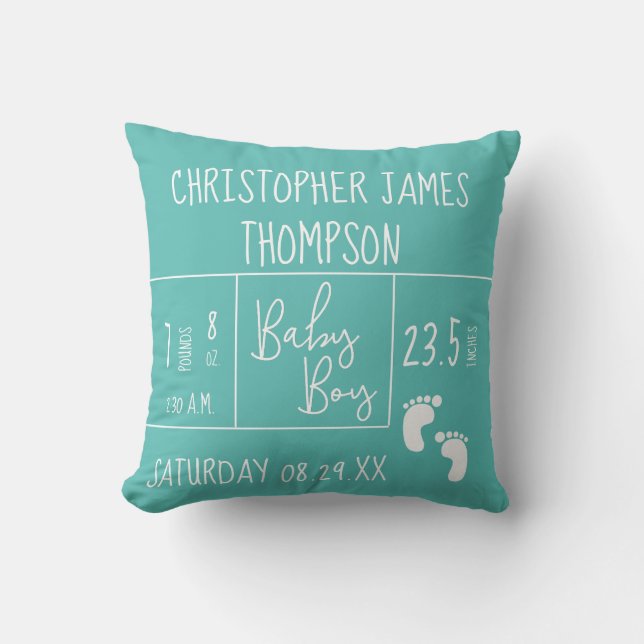 Modern blue Teal Baby Boy photo Birth Announcement Cushion (Front)