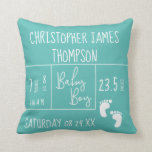 Modern blue Teal Baby Boy photo Birth Announcement Cushion<br><div class="desc">Personalised this throw pillow with baby boy's photo on the back and the font is an elegant and modern mix of typography announcing baby's full name, birth date, weight, length, time of birth (birth stats). "Baby boy" is done in a hand-lettering script font in the middle. Trendy teal colour but...</div>