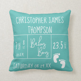 Modern blue Teal Baby Boy photo Birth Announcement Cushion