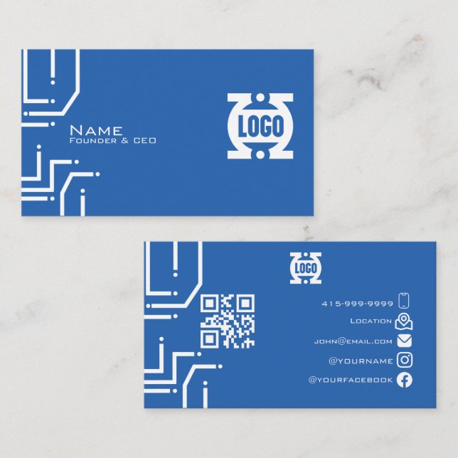 Modern blue Tech Circuit Board QR Code  Business Card (Front/Back)