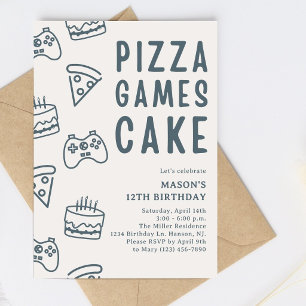 Modern Blue Teen Boy Gaming and Pizza Birthday Invitation