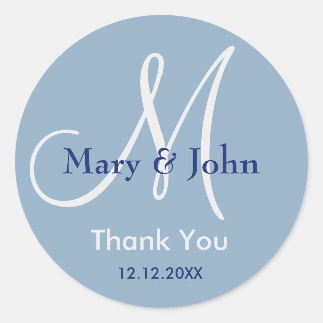 Modern Blue Thank You Monogram Wedding Favour Classic Round Sticker (Front)