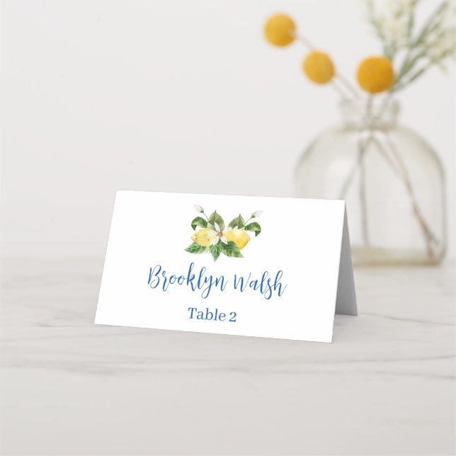 Modern Blue Tile Lemon Bridal Shower Place Card (Front)