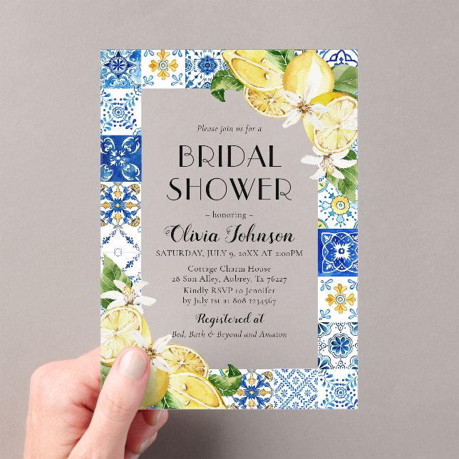 Modern Blue Tile Lemon Italian Bridal Shower Acrylic Invitations (Insitu (Handheld))