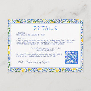 Modern Blue tile Lemons Wedding Details QR code  Enclosure Card