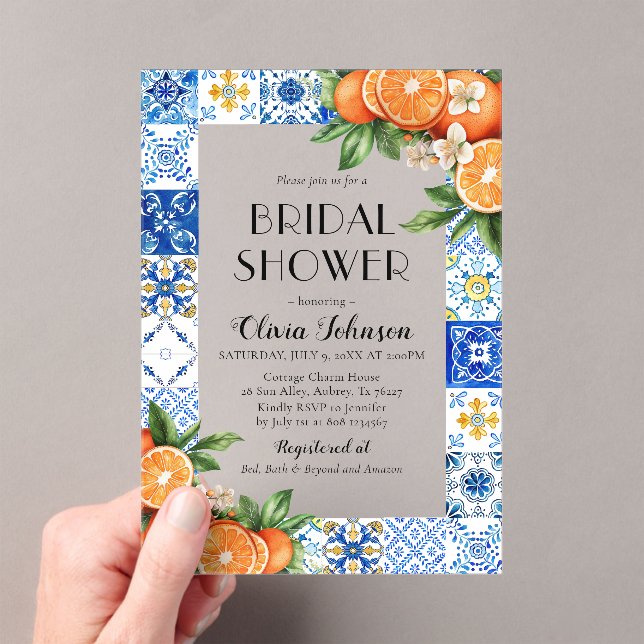 Modern Blue Tiles Oranges Italian Bridal Shower Acrylic Invitations (Insitu (Handheld))