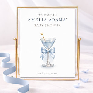 Modern Blue Tini Bow One Boy Baby Shower Welcome Poster