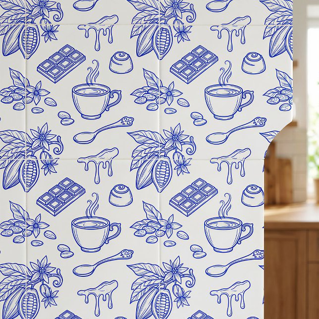 Modern Blue Toile Cacao and Chocolate Pattern Ceramic Tile (Creator Uploaded)