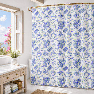 Modern Blue Toile Cacao and Chocolate Pattern Shower Curtain