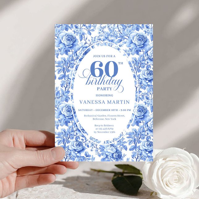 Modern Blue Toile Roses 60th Birthday Invite Digit (Modern Blue Toile Roses 60th Birthday Invite Digital

)